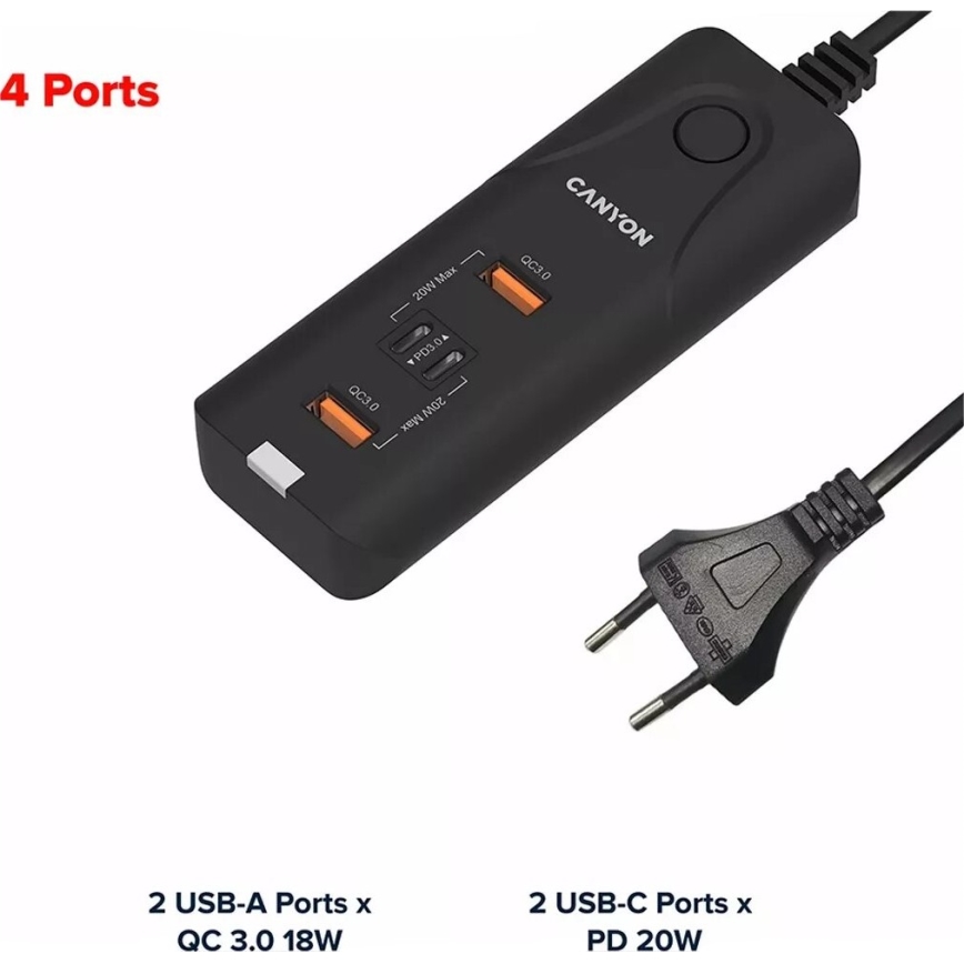 Canyon - Töltő 2xUSB A + 2xUSB C Power Delivery 20W
