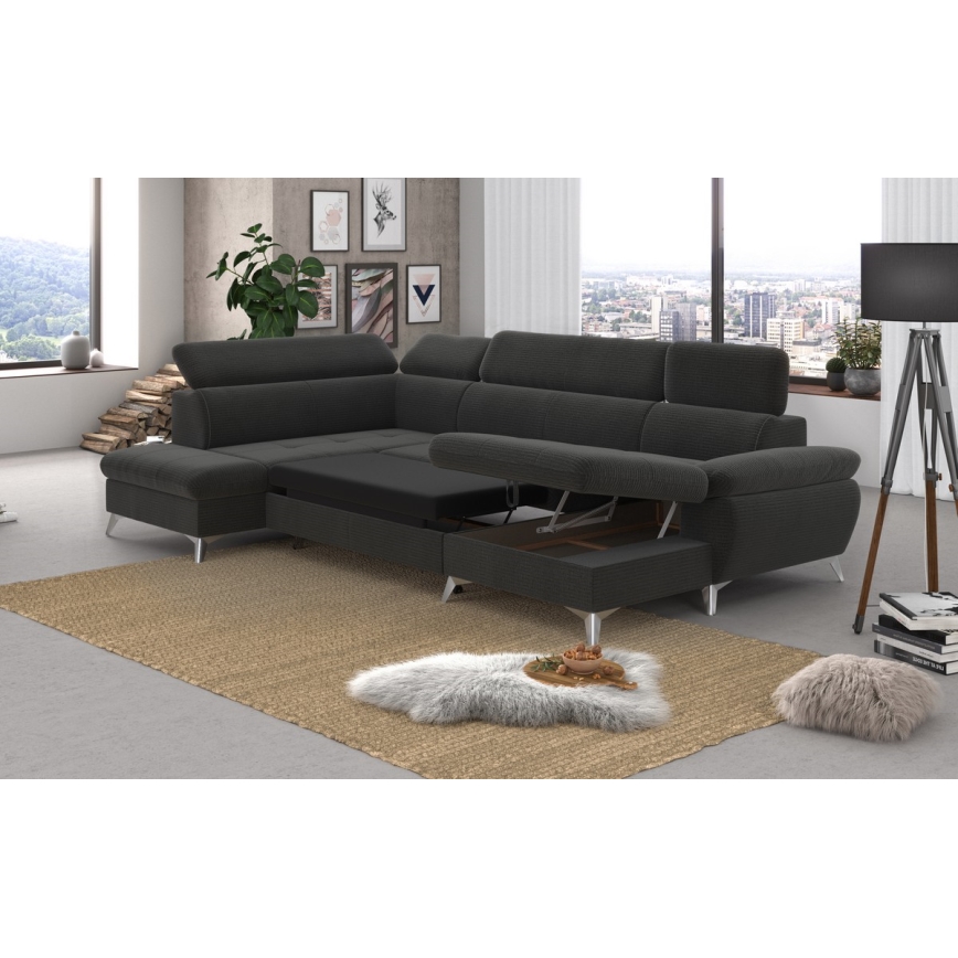 Kihajtható sarokkanapé tárolóhellyel U alakban CATANIA balos grafit