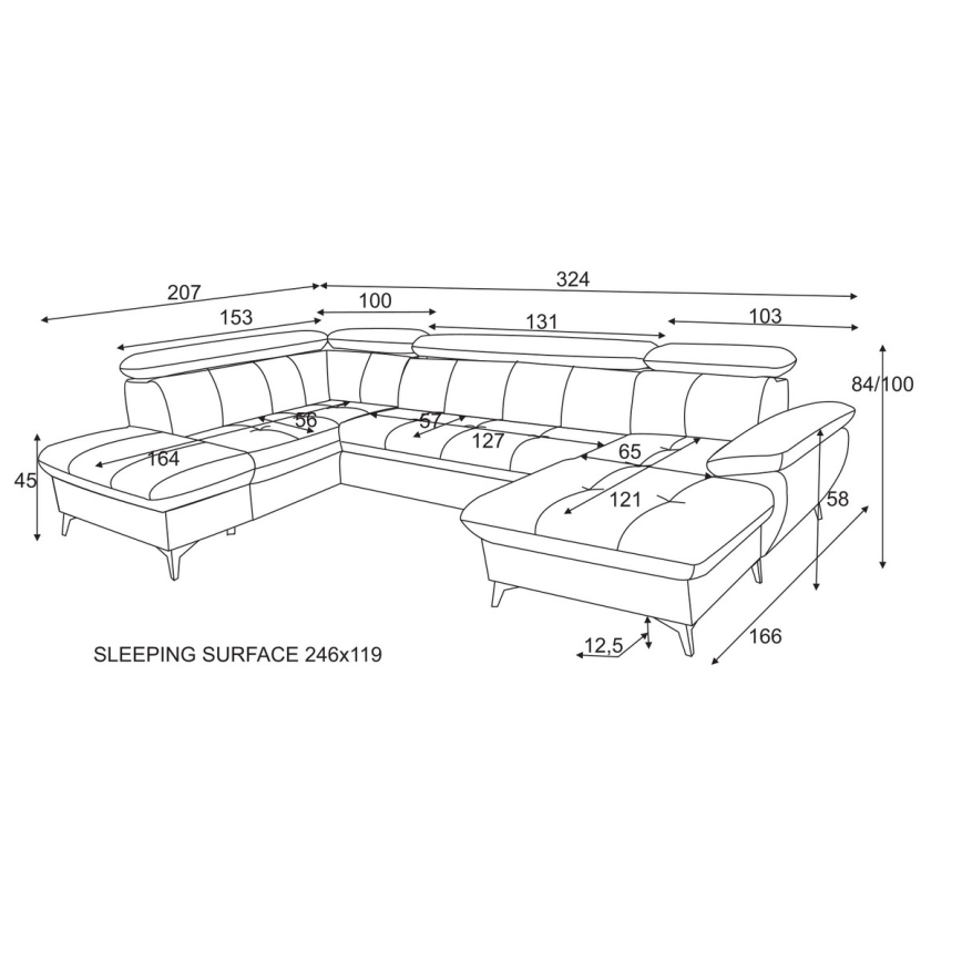Kihajtható sarokkanapé tárolóhellyel U alakban CATANIA balos grafit