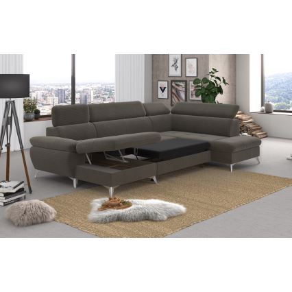 Kihúzható sarokkanapé tárolóhellyel U alakban CATANIA jobb oldali barna