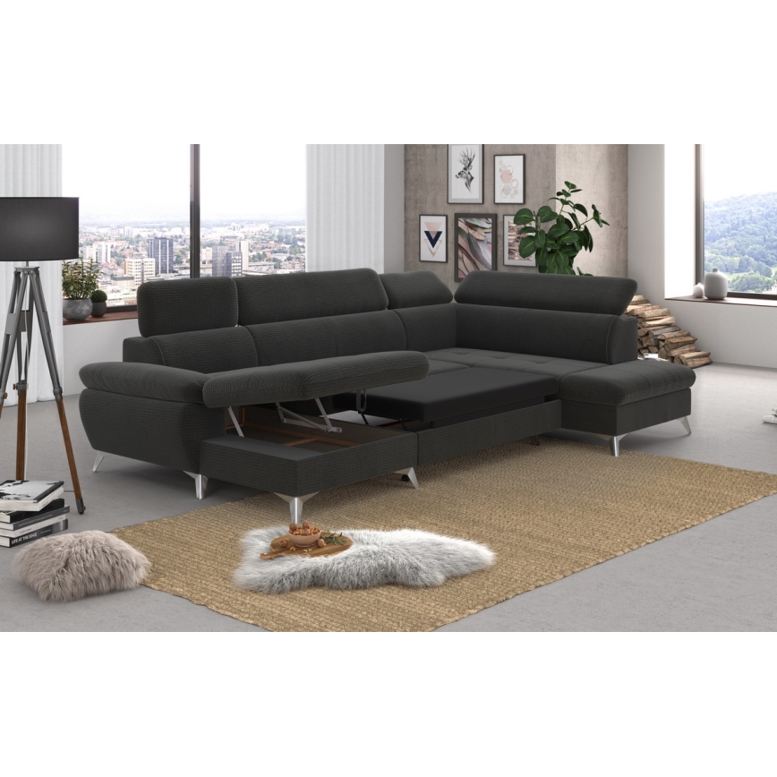Kihajtható sarokkanapé tárolóhellyel U alakban CATANIA jobb oldali grafit