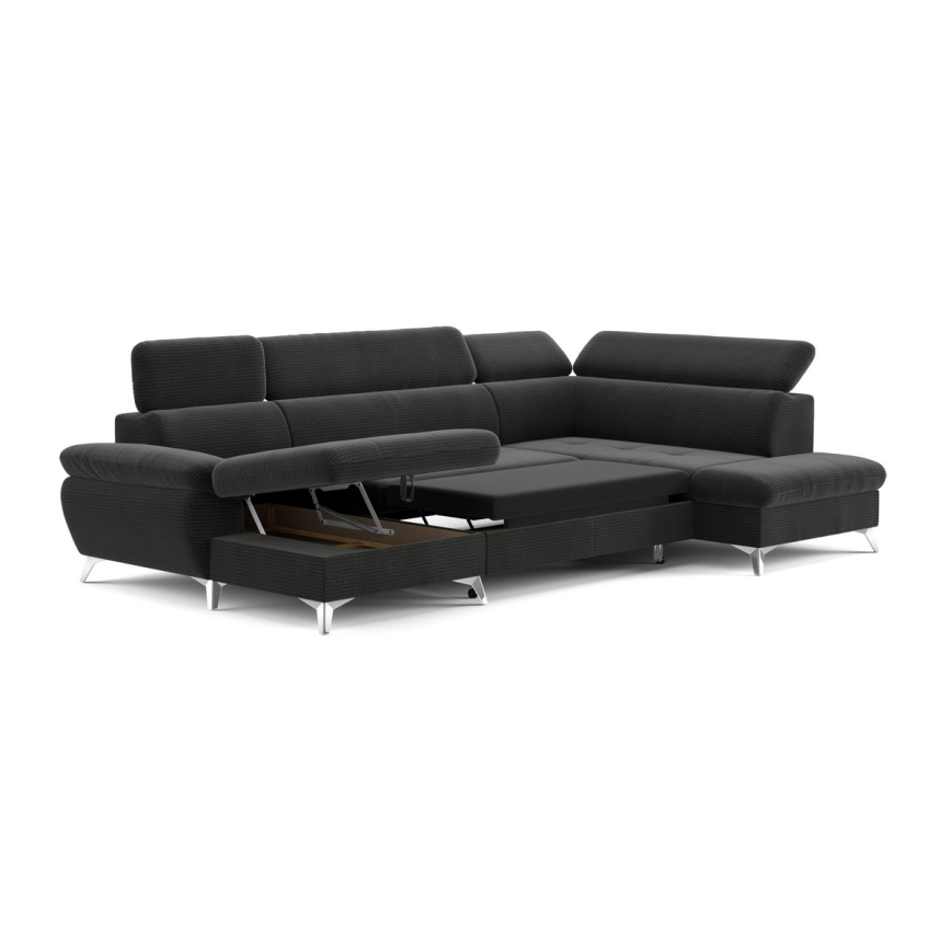 Kihajtható sarokkanapé tárolóhellyel U alakban CATANIA jobb oldali grafit