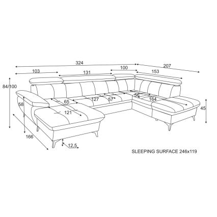 Kihajtható sarokkanapé tárolóhellyel U alakban CATANIA jobb oldali grafit