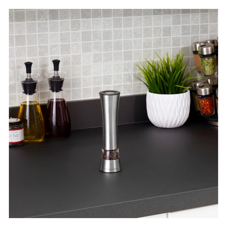 Cole&Mason - Elektromos salt or pepper grinder BURFORD 4xAAA 18 cm matt króm