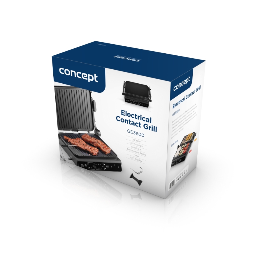 Concept ge3600 - Kontaktgrill hőmérséklet-érzékelővel GLASS 2000W/230V fekete