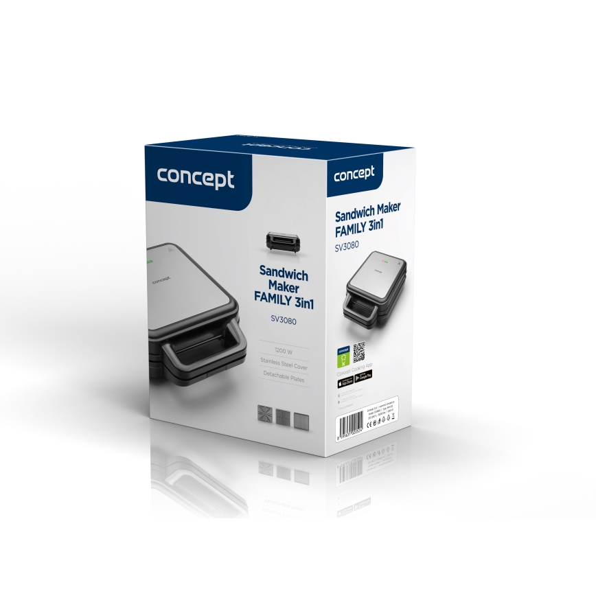 Concept SV3080 - FAMILY 3 az 1-ben kenyérpirító 1200W/230V fekete/szálcsiszolt rozsdamentes acél