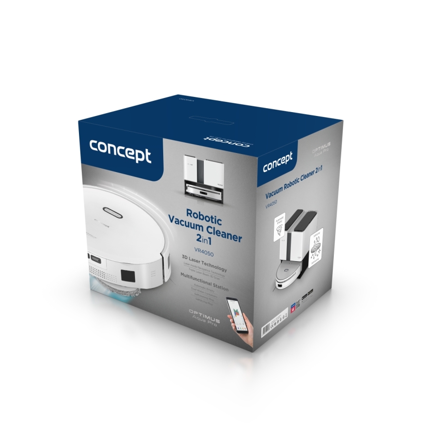 Concept VR4050 - Okos 2 az 1-ben robotporszívó és felmosó OPTIMUS AQUA PRO LASER 3D 600W/230V 5200 mAh Wi-Fi fehér