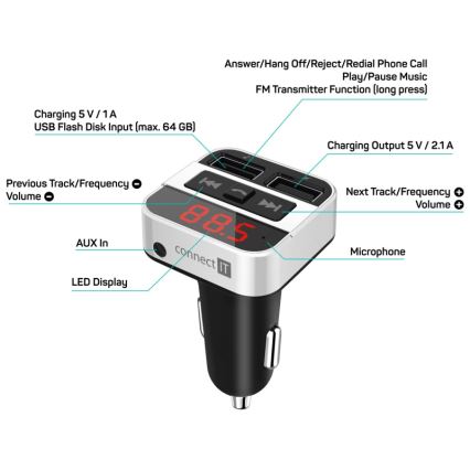 CONNECT IT CCC-8800-SL - autós FM adó kihangosító funkcióval, fekete/ezüst