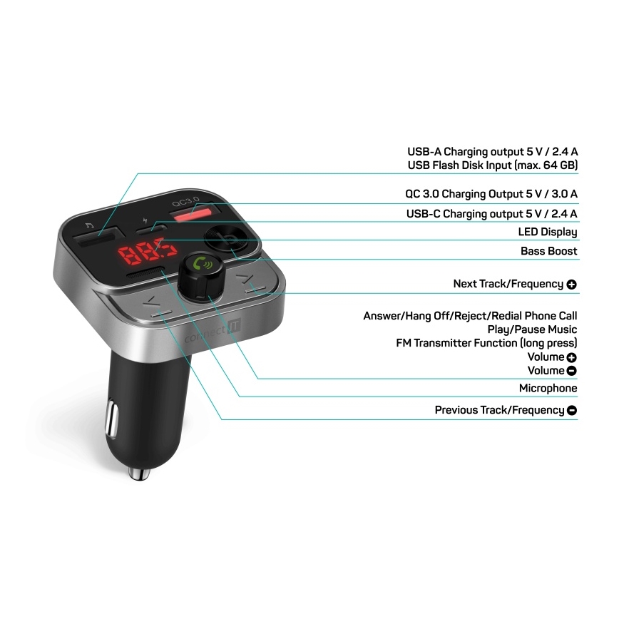 CONNECT IT CCC-8900-AN - autós FM adó kihangosító funkcióval fekete/ezüst