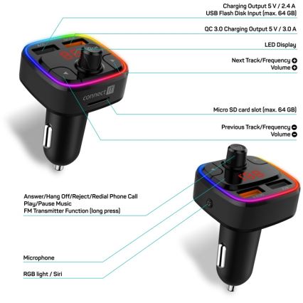 CONNECT IT CCC-9090-BK - LED RGB FM autós adó kihangosító funkcióval fekete