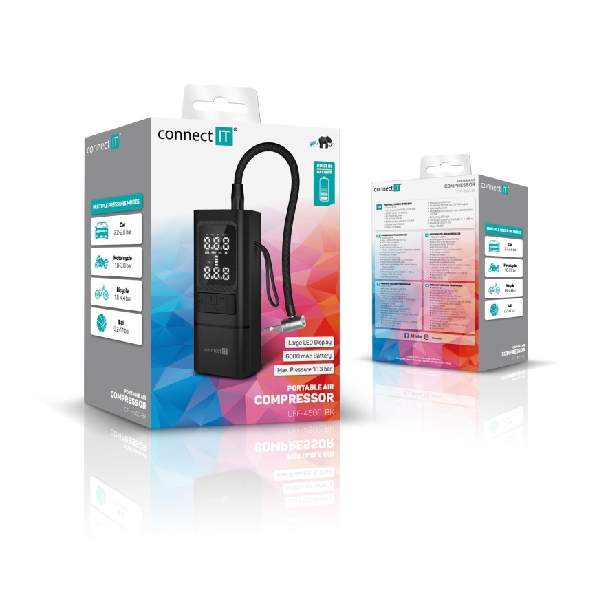 CONNECT IT CFF-4500-BK - Digitális zsebméretű kompresszor AirFlow 80W/6000 mAh fekete