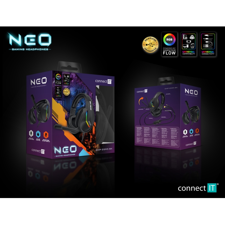 CONNECT IT CHP-3595-BK - LED RGB Vezetékes gamer fejhallgató mikrofonnal fekete
