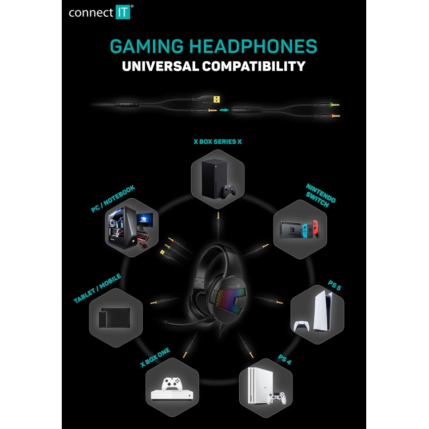 CONNECT IT CHP-5600-BK - LED RGB Vezetékes gamer fejhallgató mikrofonnal fekete