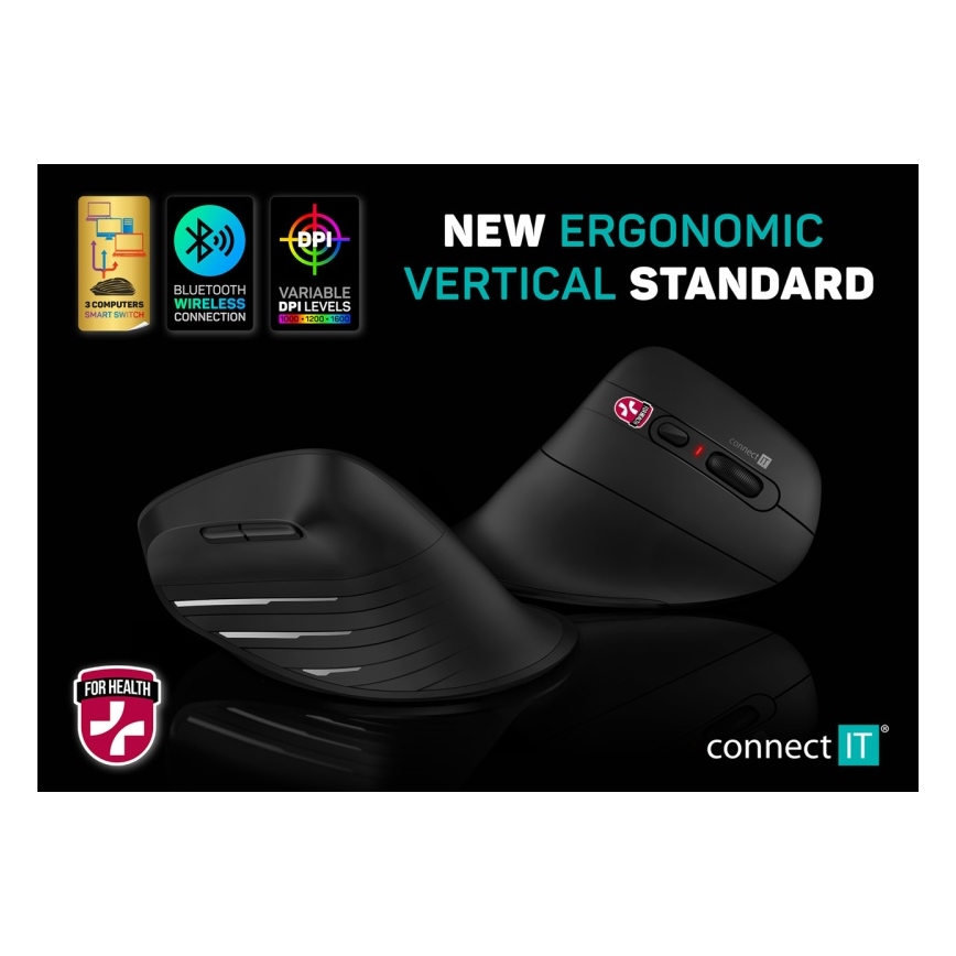 CONNECT IT CMO-2880-BK - Verti TriMode ergonomikus vezeték nélküli egér 1000/1600/2400 DPI 2xAAA fekete