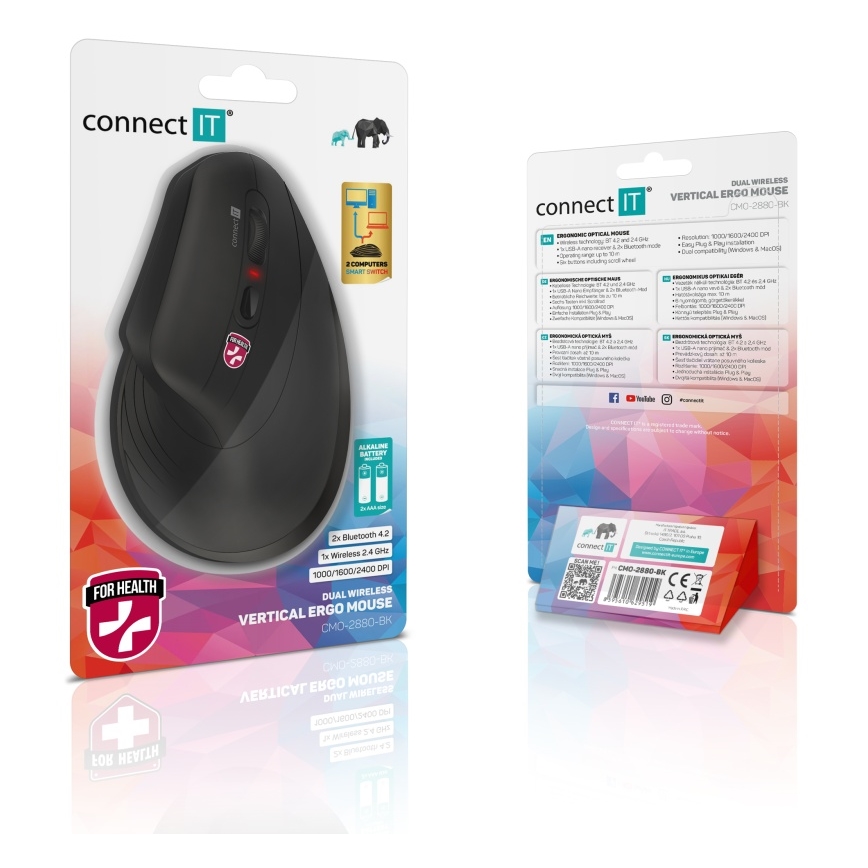 CONNECT IT CMO-2880-BK - Verti TriMode ergonomikus vezeték nélküli egér 1000/1600/2400 DPI 2xAAA fekete