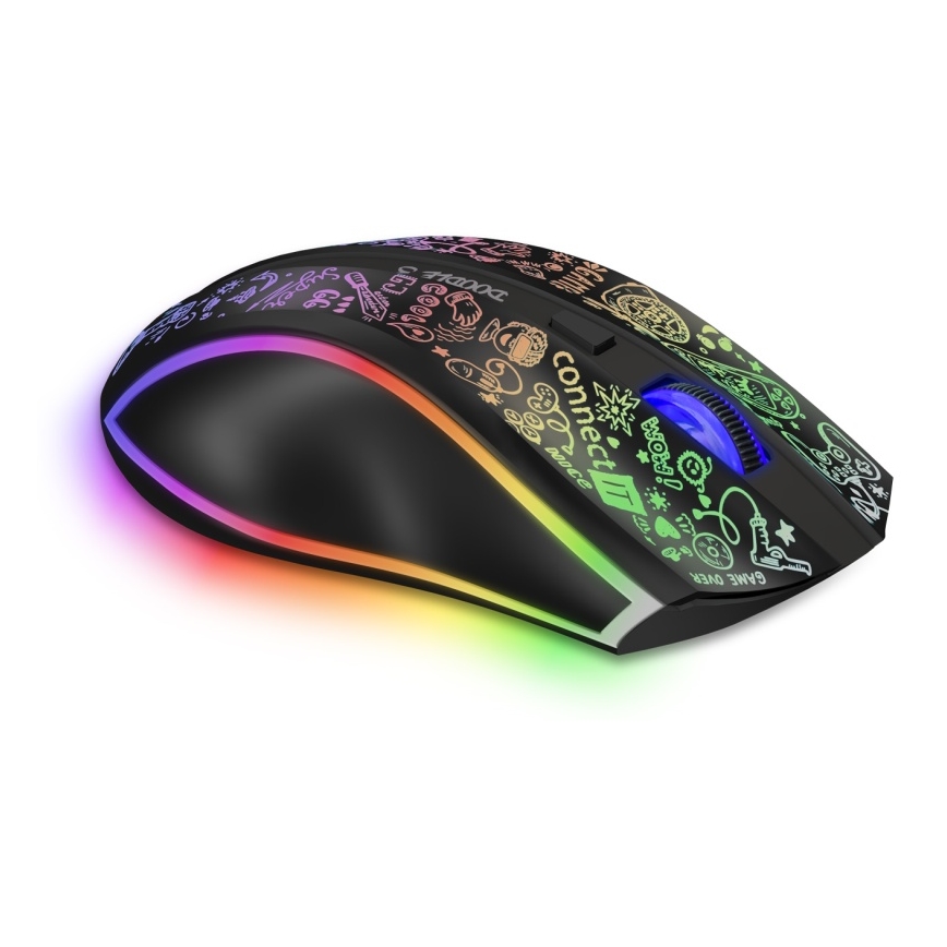CONNECT IT CMO-3530-DD - LED RGB Vezeték nélküli újratölthető gamer egér 800/1200/1600/2400/4800 DPI 600 mAh fekete