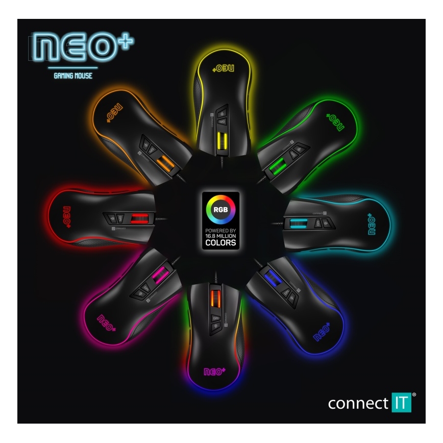 CONNECT IT CMO-3591-BK - Vezetékes RGB LED gamer egér 500-7200 DPI fekete