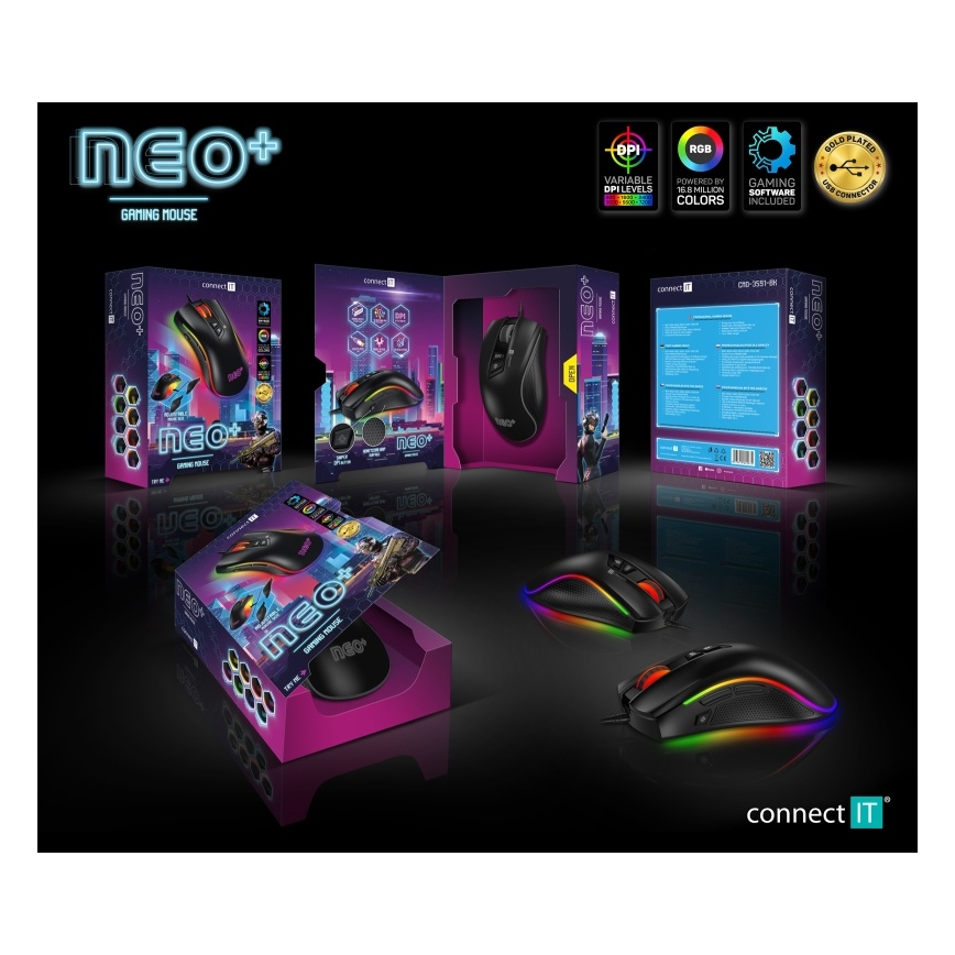 CONNECT IT CMO-3591-BK - Vezetékes RGB LED gamer egér 500-7200 DPI fekete