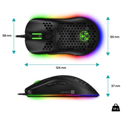 CONNECT IT CMO-5511-BK - Vezetékes RGB LED gamer egér 200-12800 DPI fekete
