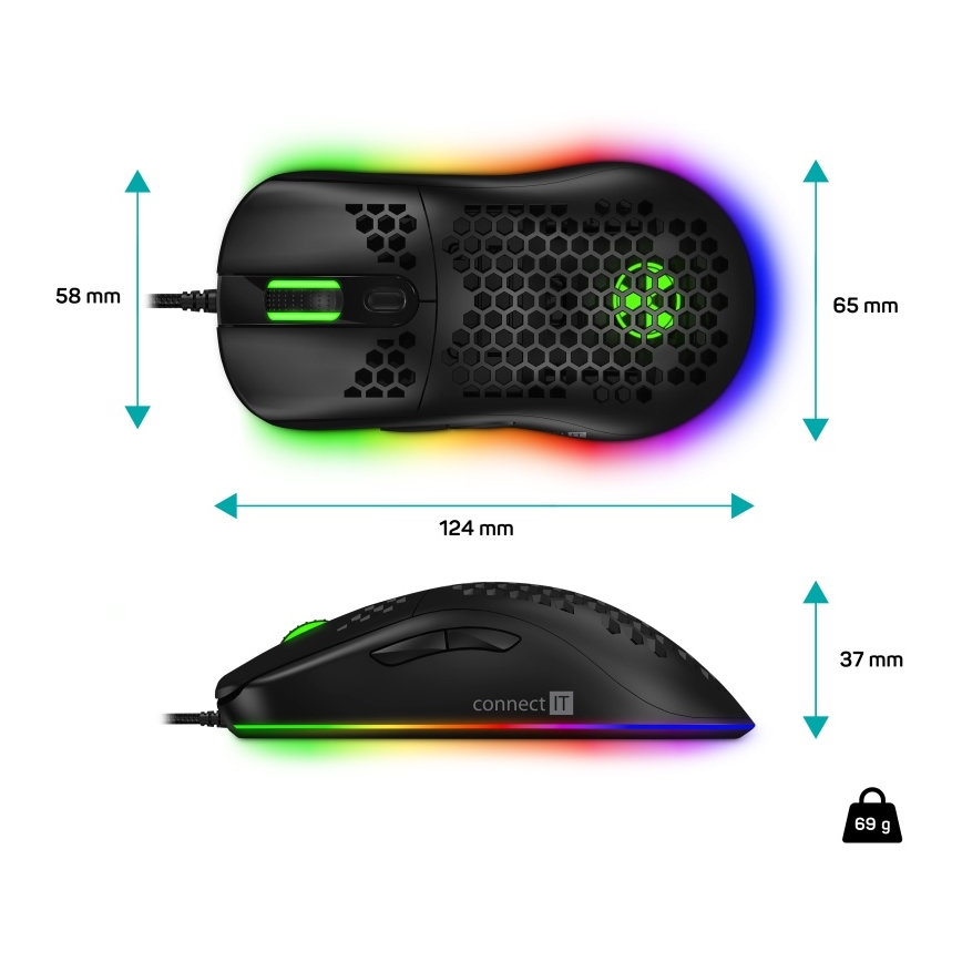 CONNECT IT CMO-5511-BK - Vezetékes RGB LED gamer egér 200-12800 DPI fekete