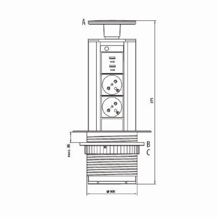 Csatlakozó aljzatoszlop asztallaphoz 2x230V +USB-A 3,1A +UBS-C 15,5W 230V