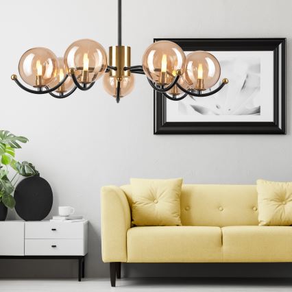 Csillár rúdon GEORGIA 7xE14/5W/230V arany/füstös bézs