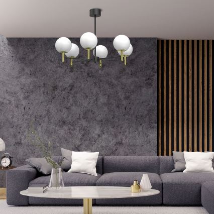 Csillár rúdon  AWINION 6xE27/15W/230V fehér/arany/fekete