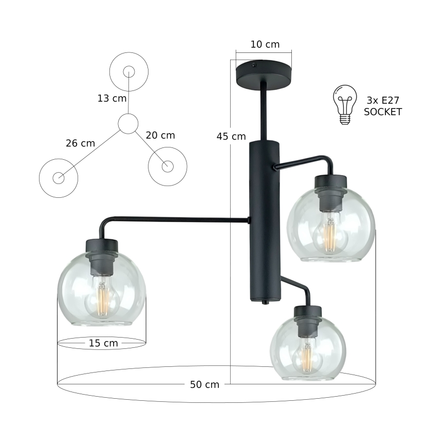 Csillár rúdon FLEX 3xE27/60W/230V fekete/átlátszó