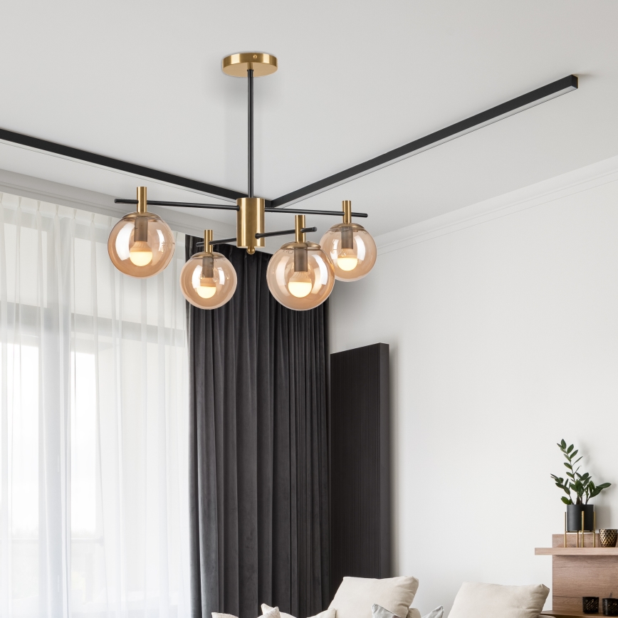 Csillár rúdon LILOU 4xE14/5W/230V arany/fekete/füstös bézs