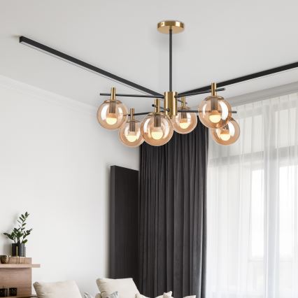 Csillár rúdon LILOU 6xE14/5W/230V arany/fekete/füstös bézs