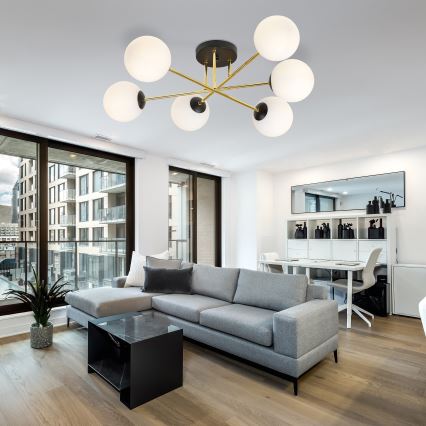 Csillár rúdon  MAGNUM 6xE14/10W/230V fehér/arany/fekete