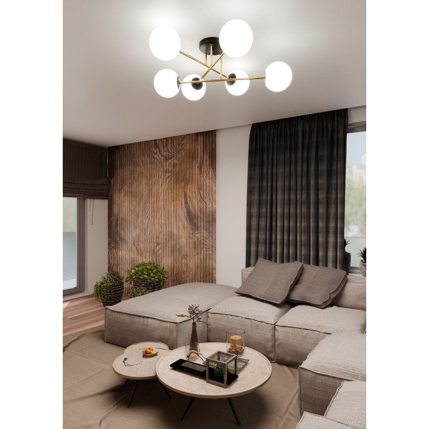 Csillár rúdon  MAGNUM 6xE14/10W/230V fehér/arany/fekete