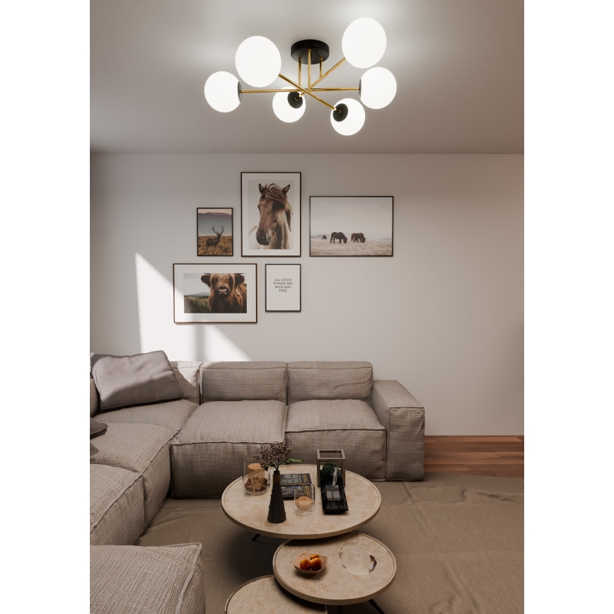 Csillár rúdon  MAGNUM 6xE14/10W/230V fehér/arany/fekete