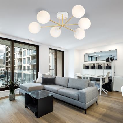 Csillár rúdon  MAGNUM 6xE14/10W/230V fehér/arany