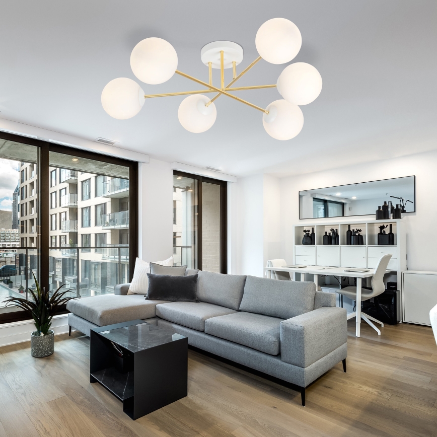 Csillár rúdon  MAGNUM 6xE14/10W/230V fehér/arany