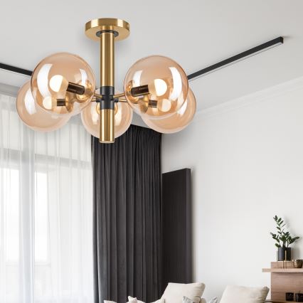 Csillár rúdon ROLLO 5xE14/5W/230V arany/füstös bézs