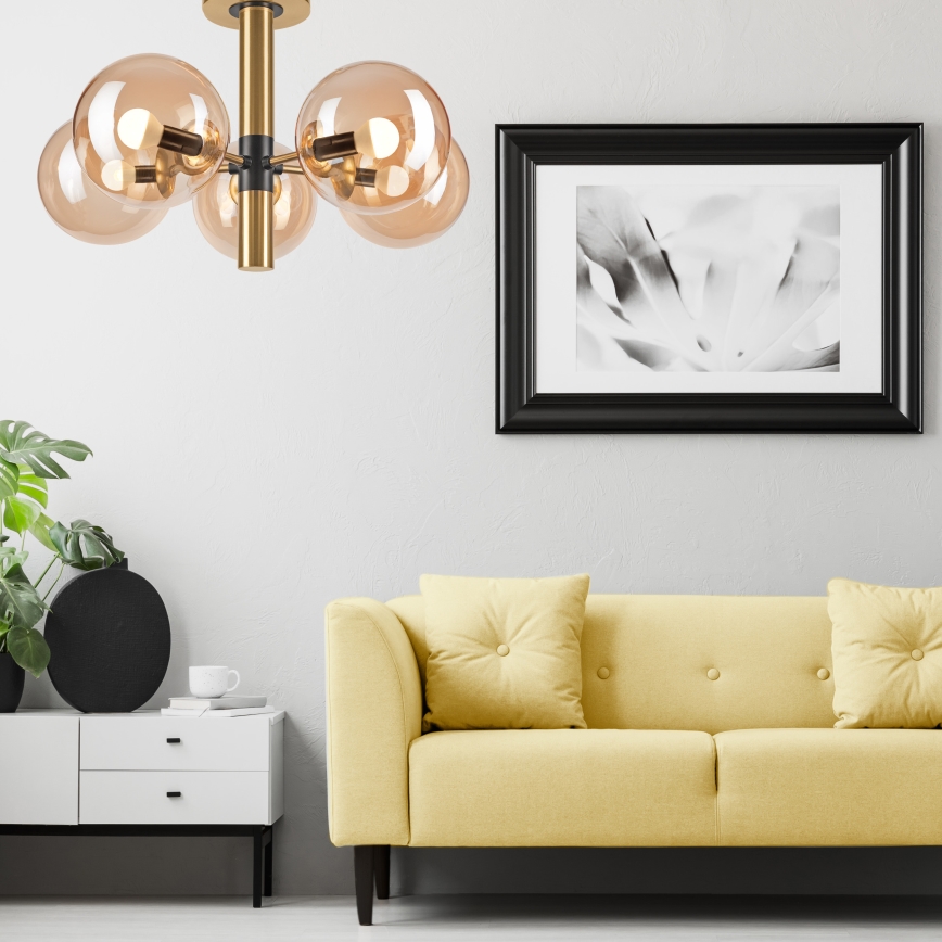 Csillár rúdon ROLLO 5xE14/5W/230V arany/füstös bézs