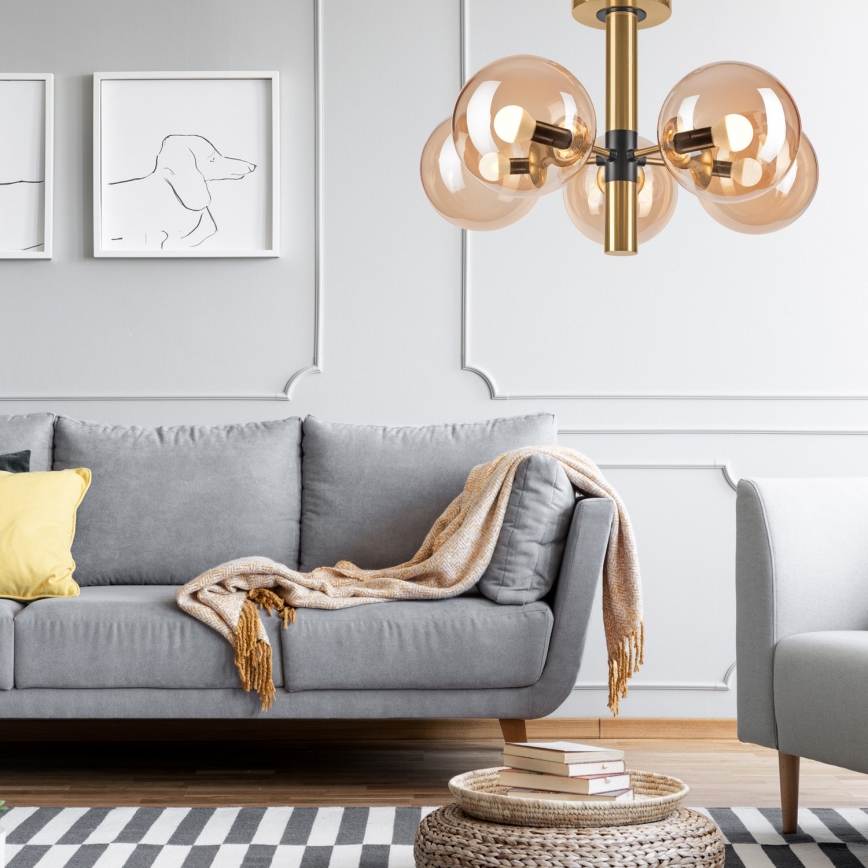 Csillár rúdon ROLLO 5xE14/5W/230V arany/füstös bézs