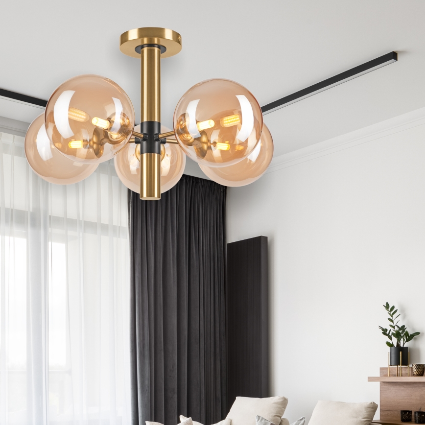 Csillár rúdon ROLLO 5xG9/5W/230V arany/füstös bézs