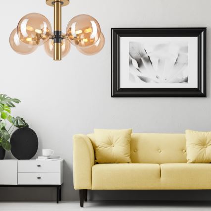 Csillár rúdon ROLLO 5xG9/5W/230V arany/füstös bézs