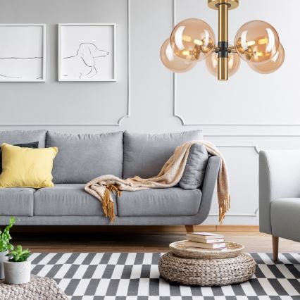 Csillár rúdon ROLLO 5xG9/5W/230V arany/füstös bézs