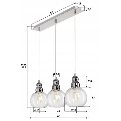 Csillár zsinóron AKSO 3xE14/40W/230V ezüst
