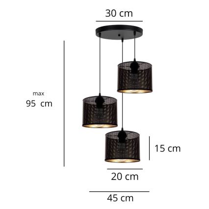 Csillár zsinóron ALDO 3xE27/60W/230V á. 45 cm fekete