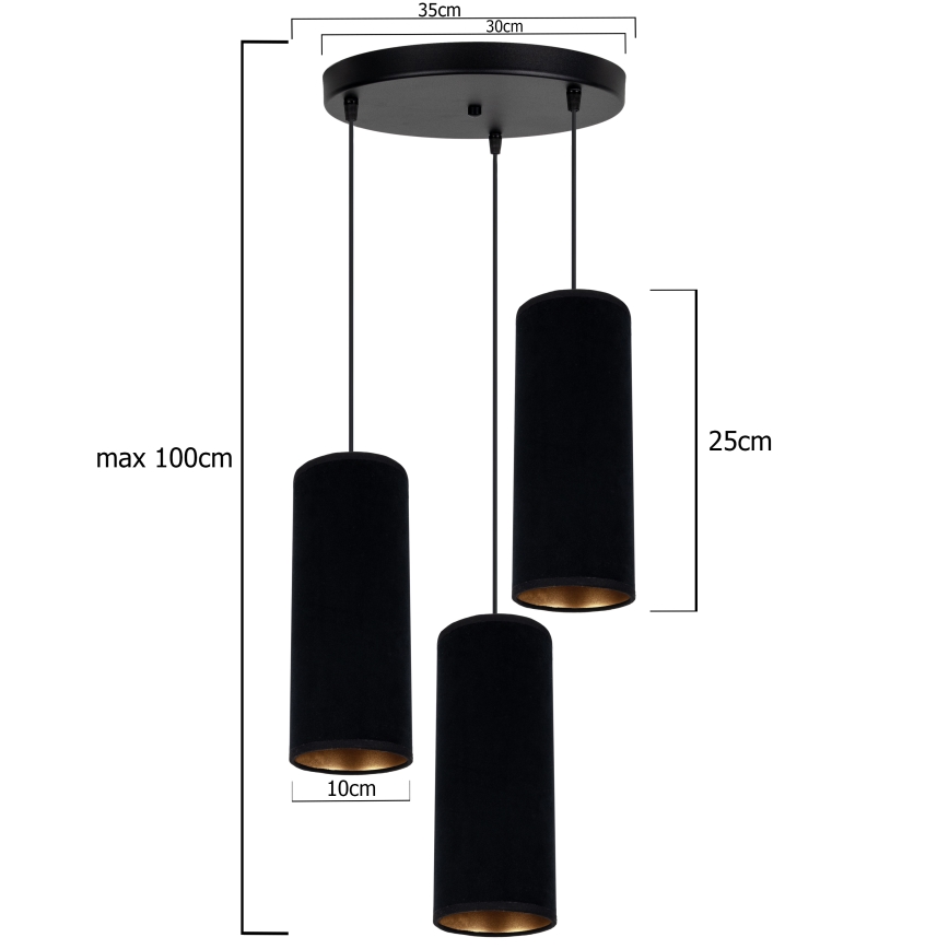 Csillár zsinóron AVALO 3xE27/60W/230V á. 35 cm fekete