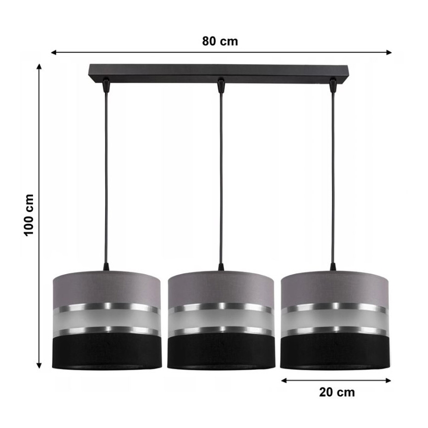 Csillár zsinóron CORAL 3xE27/60W/230V szürke és fekete