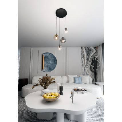 Csillár zsinóron COSMO 4xE14/10W/230V átm. 40 cm fekete/szürke/bézs/átlátszó