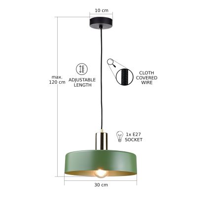 Csillár zsinóron HAKI 1xE27/60W/230V zöld/fekete/fényezett króm