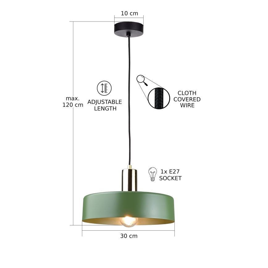 Csillár zsinóron HAKI 1xE27/60W/230V zöld/fekete/fényezett króm