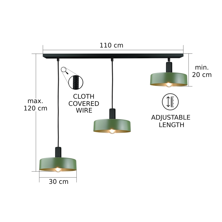 Csillár zsinóron HAKI 3xE27/60W/230V zöld/fekete