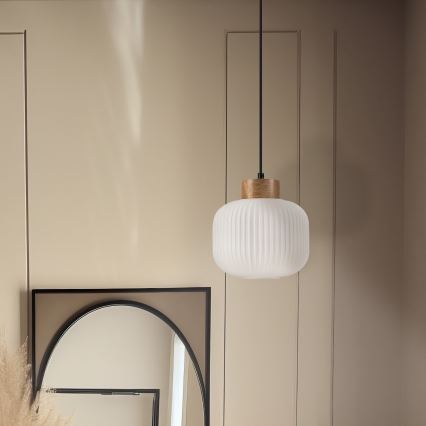 Csillár zsinóron HARMONY 1xE27/15W/230V átm. 20 cm fehér/tölgy